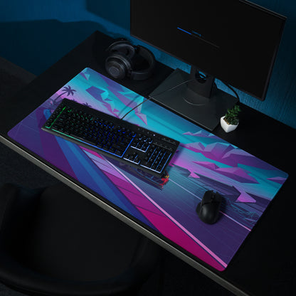 BMW M4 GT3 Inspired Blue Pink Vaporwave Gaming Mouse Pad, Neon Race Car Desk Mat with Retro Futuristic Mountain Highway Artwork