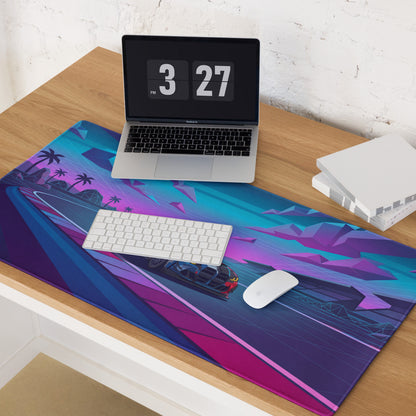 BMW M4 GT3 Inspired Blue Pink Vaporwave Gaming Mouse Pad, Neon Race Car Desk Mat with Retro Futuristic Mountain Highway Artwork