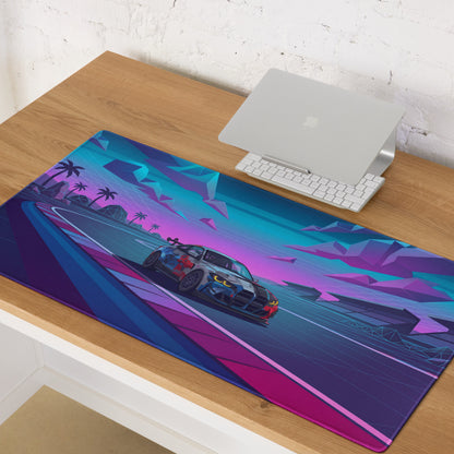 BMW M4 GT3 Inspired Blue Pink Vaporwave Gaming Mouse Pad, Neon Race Car Desk Mat with Retro Futuristic Mountain Highway Artwork