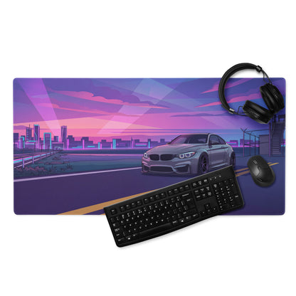 BMW M4 F82 Inspired Silver Purple Vaporwave Gaming Mouse Pad, Neon Sports Coupe Desk Mat with Retro Futuristic Sunset Highway Artwork