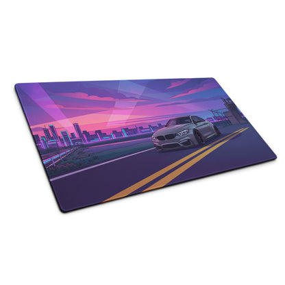 BMW M4 F82 Inspired Silver Purple Vaporwave Gaming Mouse Pad, Neon Sports Coupe Desk Mat with Retro Futuristic Sunset Highway Artwork