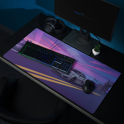 BMW M4 F82 Inspired Silver Purple Vaporwave Gaming Mouse Pad, Neon Sports Coupe Desk Mat with Retro Futuristic Sunset Highway Artwork
