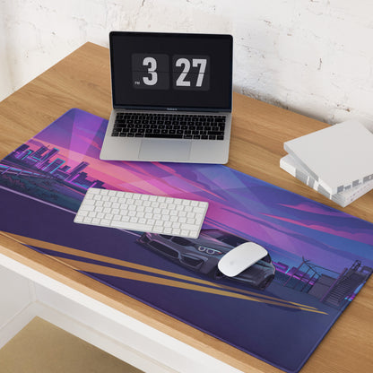 BMW M4 F82 Inspired Silver Purple Vaporwave Gaming Mouse Pad, Neon Sports Coupe Desk Mat with Retro Futuristic Sunset Highway Artwork
