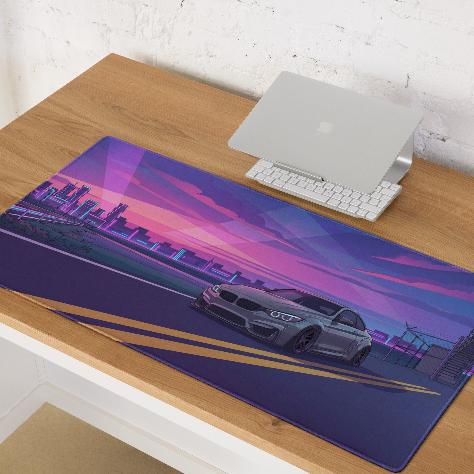 BMW M4 F82 Inspired Silver Purple Vaporwave Gaming Mouse Pad, Neon Sports Coupe Desk Mat with Retro Futuristic Sunset Highway Artwork