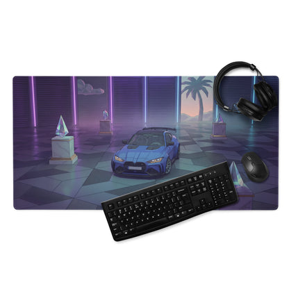 BMW M4 GT3 Inspired Blue Purple Vaporwave Gaming Mouse Pad, Neon Race Car Desk Mat with Retro Futuristic Palm Tree Garage Artwork