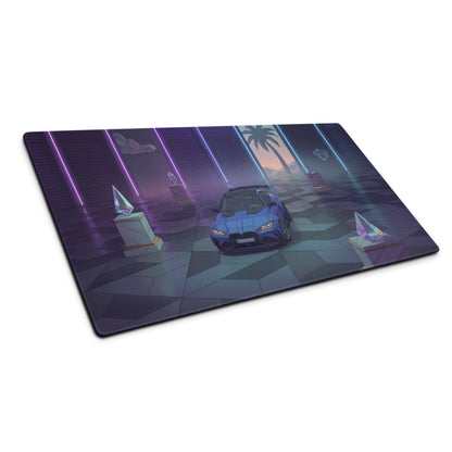 BMW M4 GT3 Inspired Blue Purple Vaporwave Gaming Mouse Pad, Neon Race Car Desk Mat with Retro Futuristic Palm Tree Garage Artwork