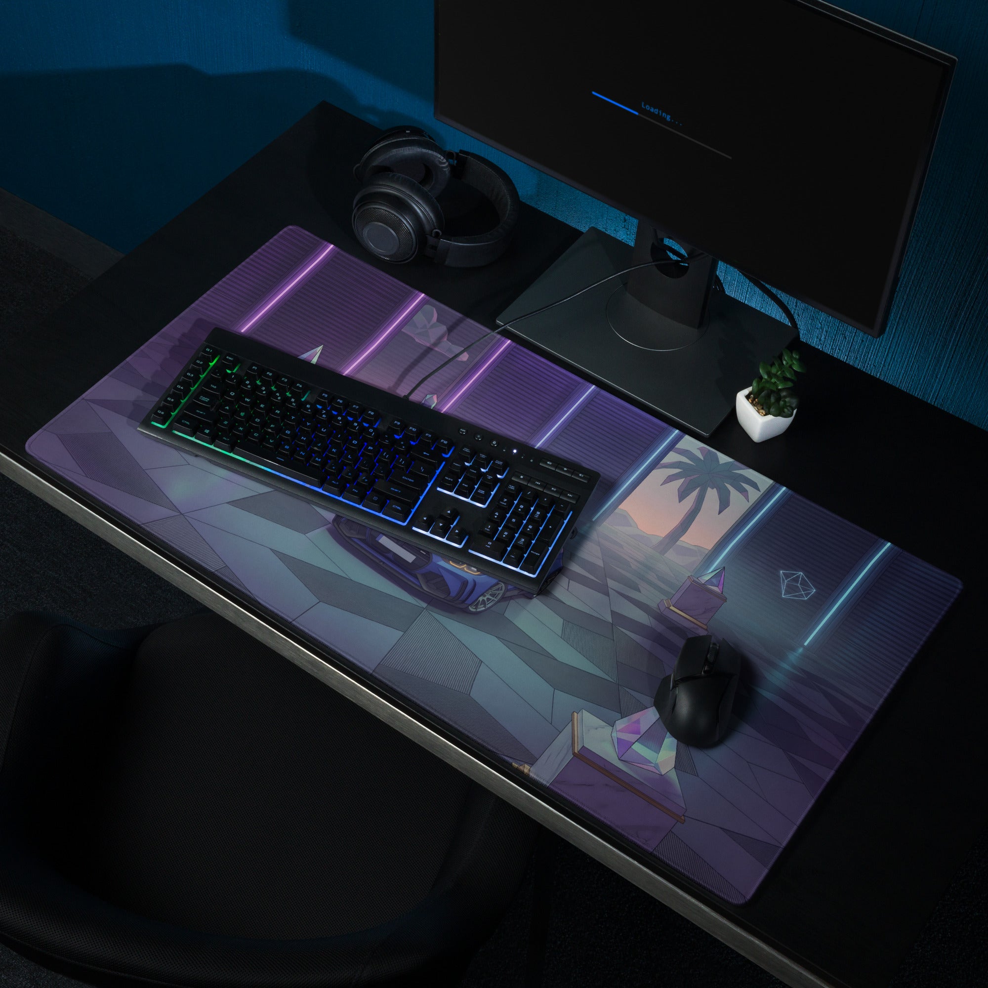 BMW M4 GT3 Inspired Blue Purple Vaporwave Gaming Mouse Pad, Neon Race Car Desk Mat with Retro Futuristic Palm Tree Garage Artwork