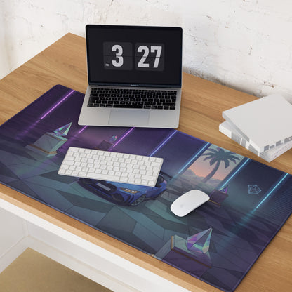 BMW M4 GT3 Inspired Blue Purple Vaporwave Gaming Mouse Pad, Neon Race Car Desk Mat with Retro Futuristic Palm Tree Garage Artwork