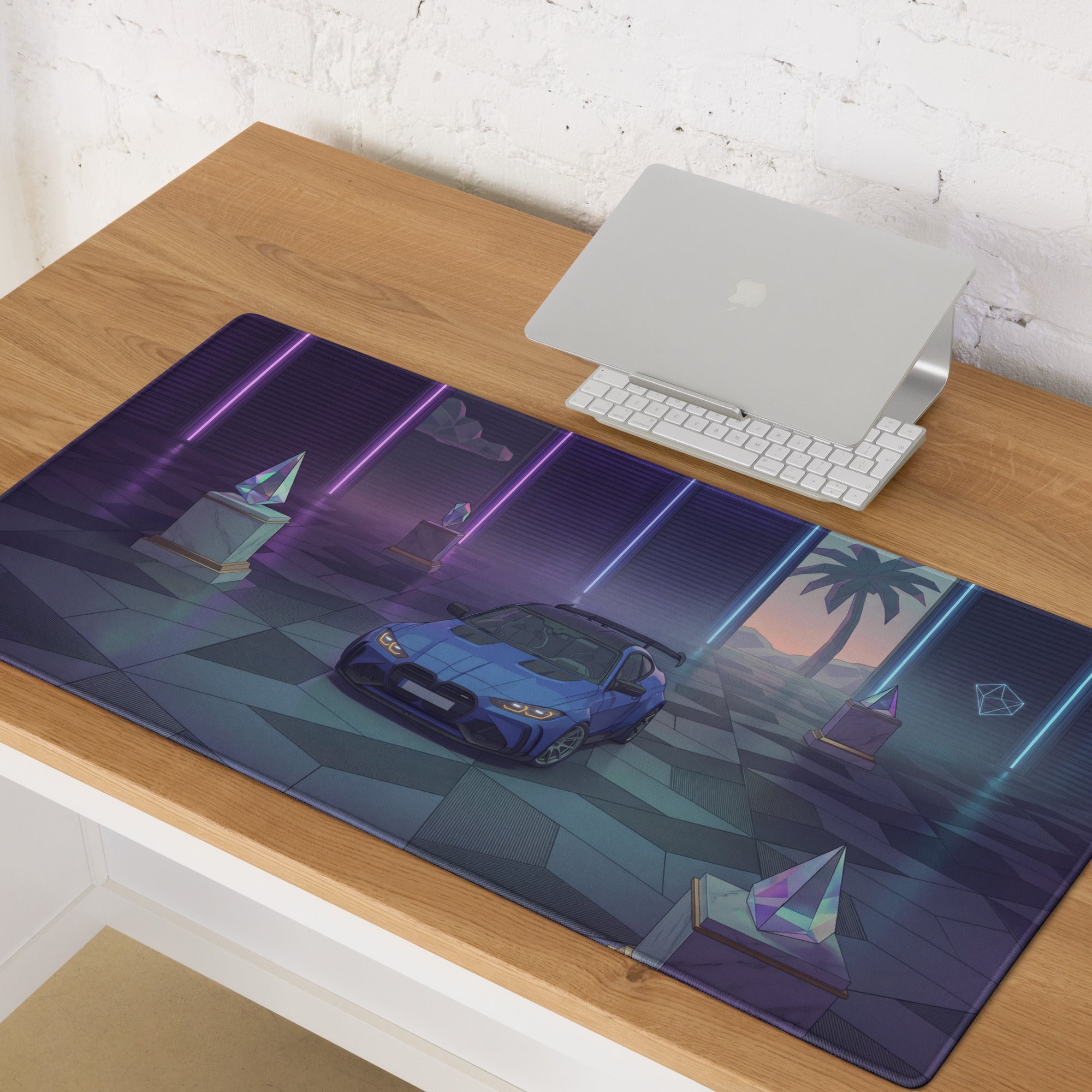 BMW M4 GT3 Inspired Blue Purple Vaporwave Gaming Mouse Pad, Neon Race Car Desk Mat with Retro Futuristic Palm Tree Garage Artwork
