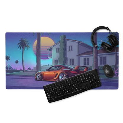 Porsche Cayman Widebody Inspired Orange Purple Vaporwave Gaming Mouse Pad, Neon Sports Car Desk Mat with Retro Futuristic Palm Tree Sunset Artwork