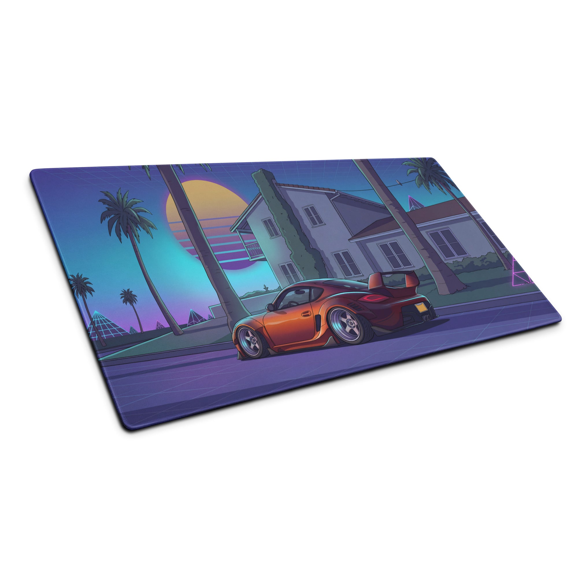 Porsche Cayman Widebody Inspired Orange Purple Vaporwave Gaming Mouse Pad, Neon Sports Car Desk Mat with Retro Futuristic Palm Tree Sunset Artwork