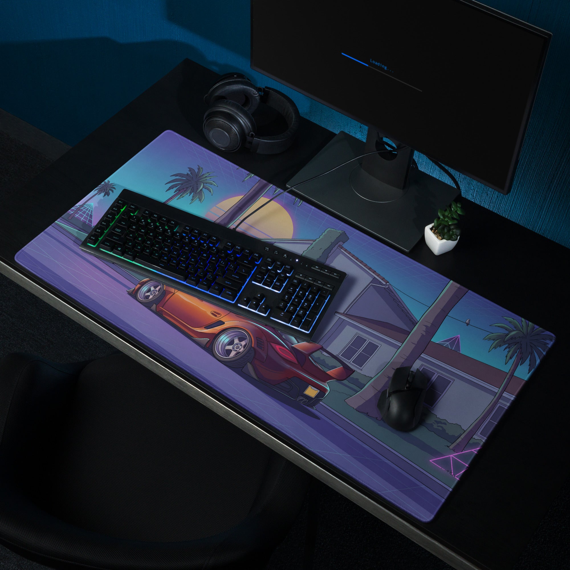Porsche Cayman Widebody Inspired Orange Purple Vaporwave Gaming Mouse Pad, Neon Sports Car Desk Mat with Retro Futuristic Palm Tree Sunset Artwork