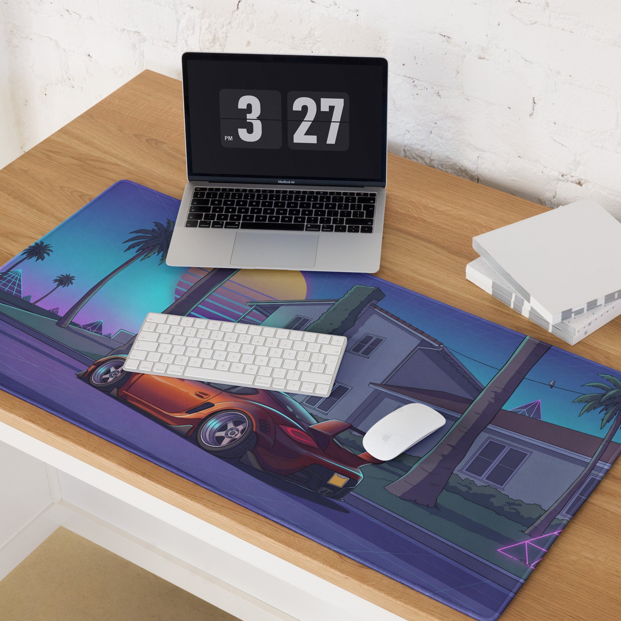 Porsche Cayman Widebody Inspired Orange Purple Vaporwave Gaming Mouse Pad, Neon Sports Car Desk Mat with Retro Futuristic Palm Tree Sunset Artwork