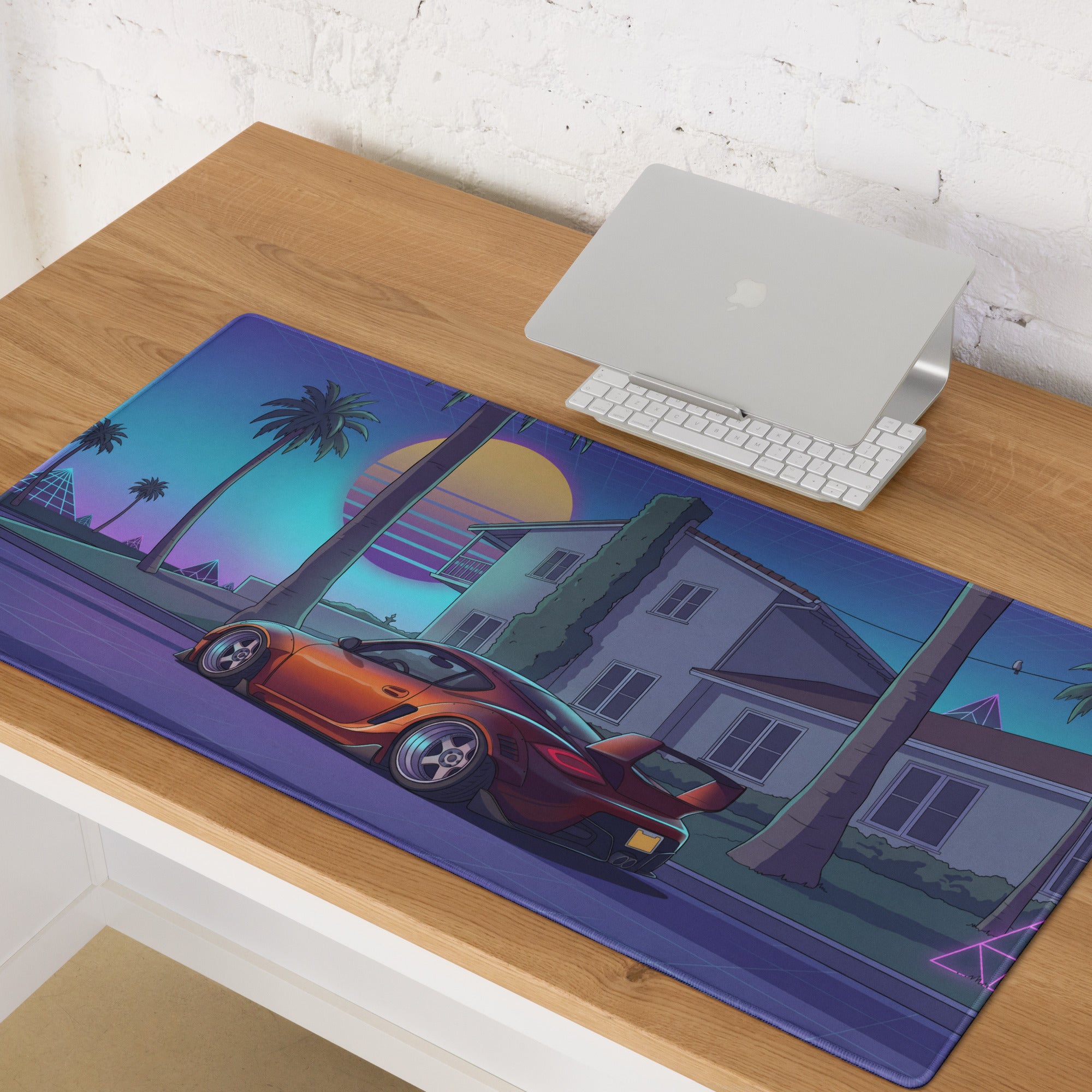 Porsche Cayman Widebody Inspired Orange Purple Vaporwave Gaming Mouse Pad, Neon Sports Car Desk Mat with Retro Futuristic Palm Tree Sunset Artwork