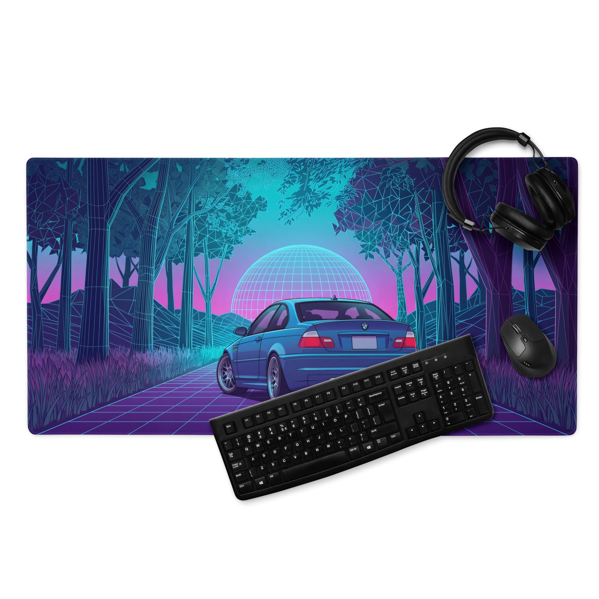 BMW M3 E46 Inspired Blue Pink Vaporwave Gaming Mouse Pad, Neon Sports Car Desk Mat with Retro Futuristic Forest Grid Artwork