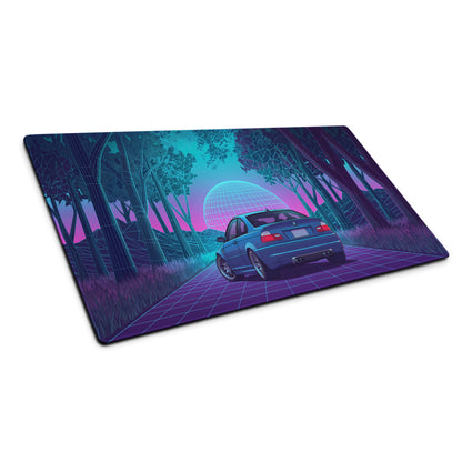 BMW M3 E46 Inspired Blue Pink Vaporwave Gaming Mouse Pad, Neon Sports Car Desk Mat with Retro Futuristic Forest Grid Artwork