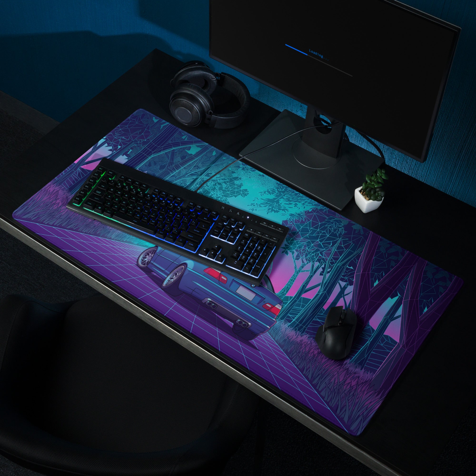 BMW M3 E46 Inspired Blue Pink Vaporwave Gaming Mouse Pad, Neon Sports Car Desk Mat with Retro Futuristic Forest Grid Artwork