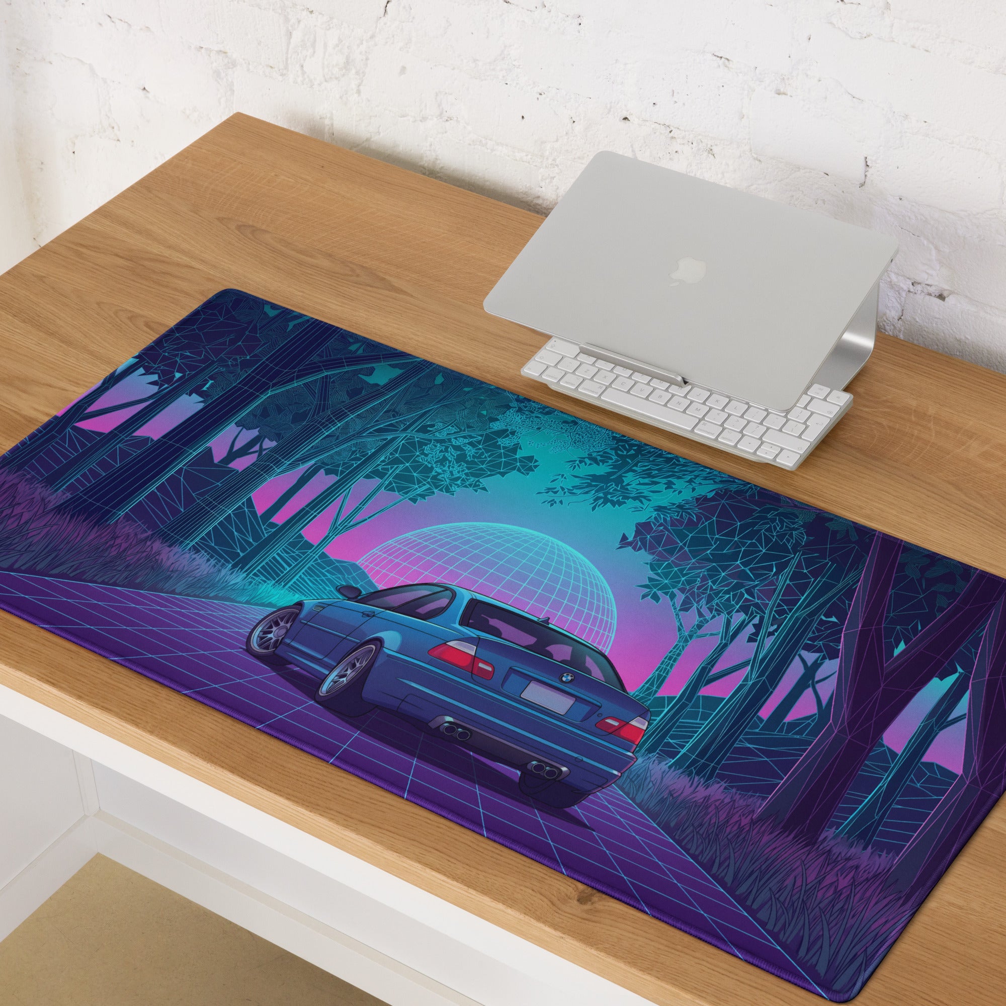 BMW M3 E46 Inspired Blue Pink Vaporwave Gaming Mouse Pad, Neon Sports Car Desk Mat with Retro Futuristic Forest Grid Artwork