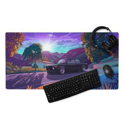 BMW E30 Inspired Black Purple Vaporwave Gaming Mouse Pad, Retro Luxury Sedan Desk Mat with Neon Mountain Landscape Artwork