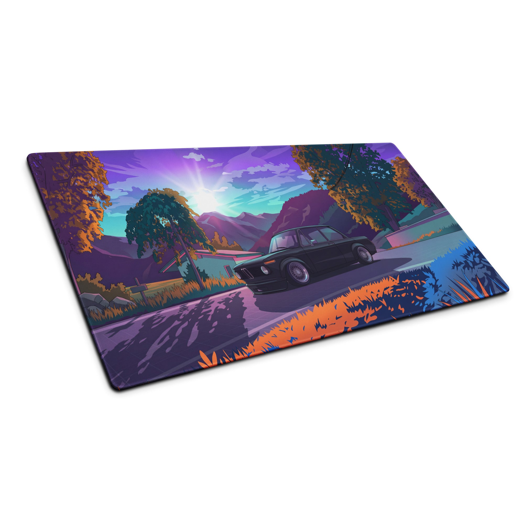 BMW E30 Inspired Black Purple Vaporwave Gaming Mouse Pad, Retro Luxury Sedan Desk Mat with Neon Mountain Landscape Artwork