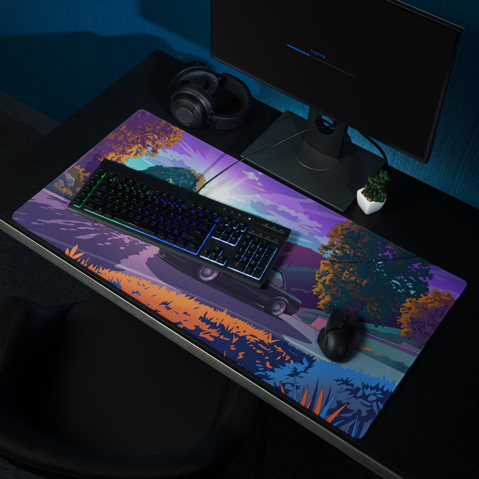 BMW E30 Inspired Black Purple Vaporwave Gaming Mouse Pad, Retro Luxury Sedan Desk Mat with Neon Mountain Landscape Artwork