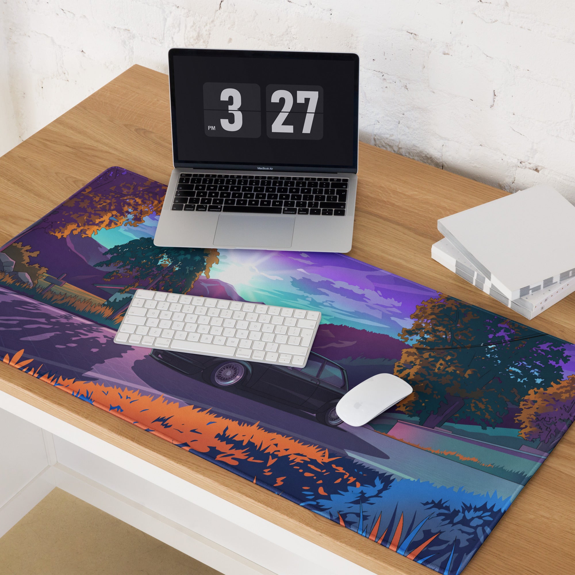 BMW E30 Inspired Black Purple Vaporwave Gaming Mouse Pad, Retro Luxury Sedan Desk Mat with Neon Mountain Landscape Artwork