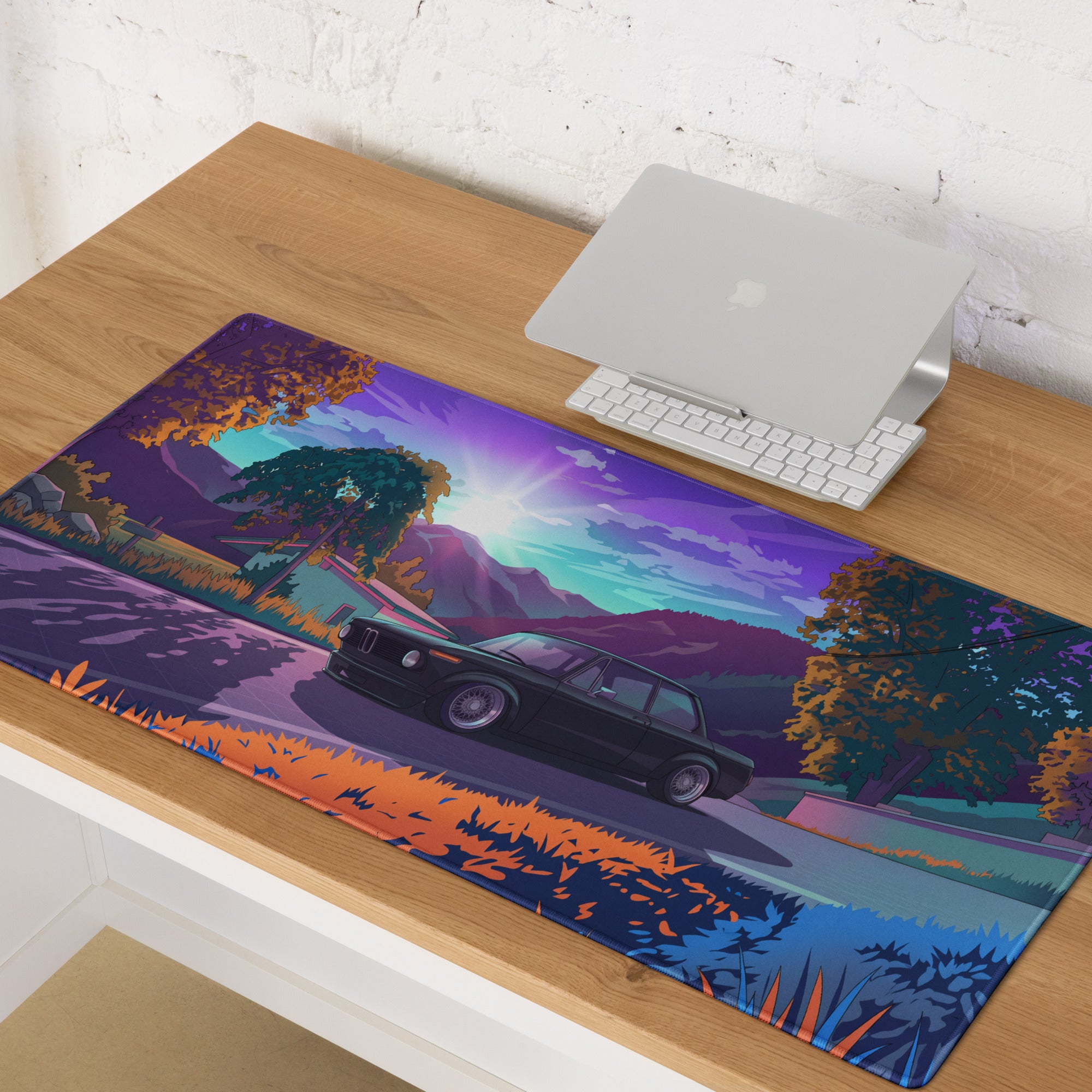 BMW E30 Inspired Black Purple Vaporwave Gaming Mouse Pad, Retro Luxury Sedan Desk Mat with Neon Mountain Landscape Artwork