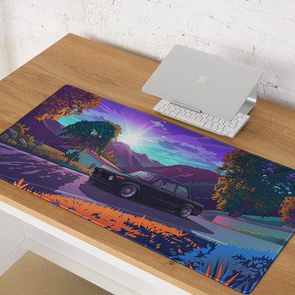 BMW E30 Inspired Black Purple Vaporwave Gaming Mouse Pad, Retro Luxury Sedan Desk Mat with Neon Mountain Landscape Artwork