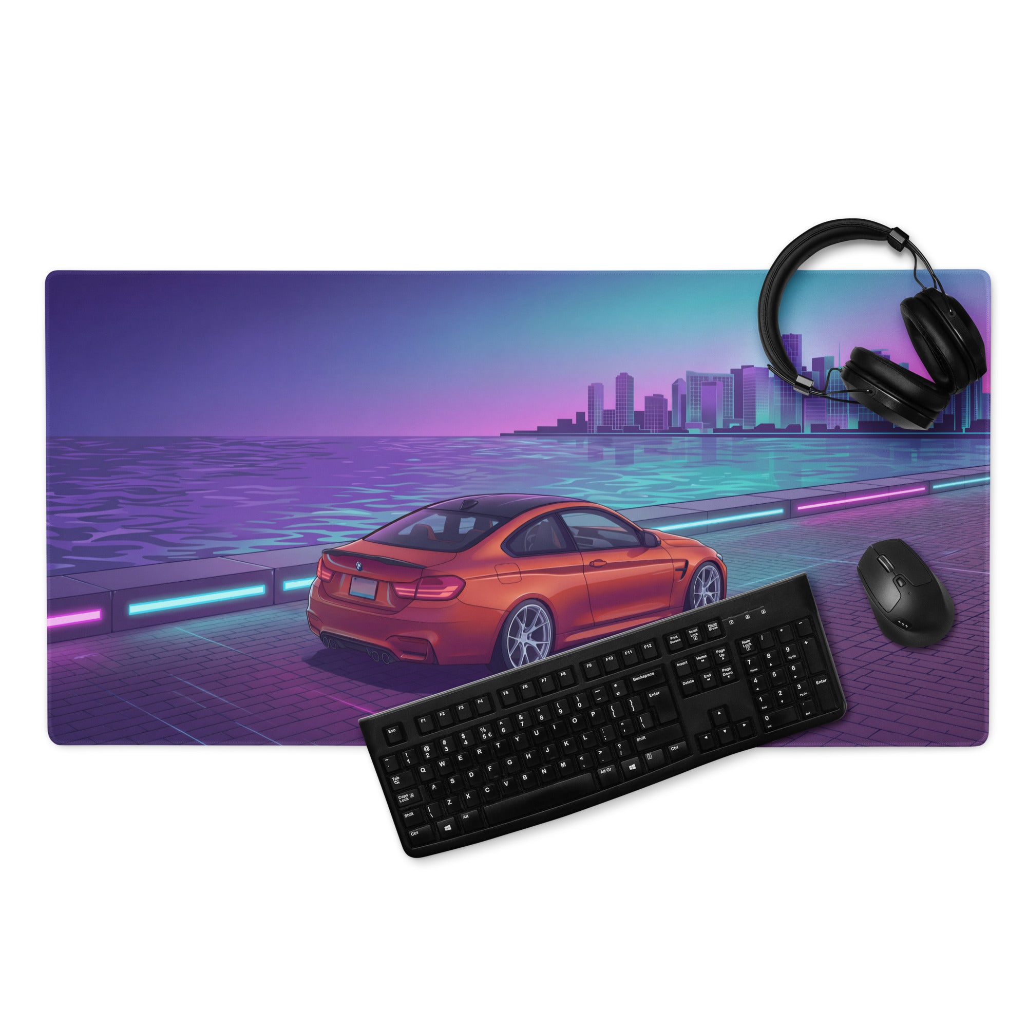 BMW M4 F82 Inspired Orange Purple Vaporwave Gaming Mouse Pad, Neon Sports Coupe Desk Mat with Retro Futuristic Waterfront City Artwork