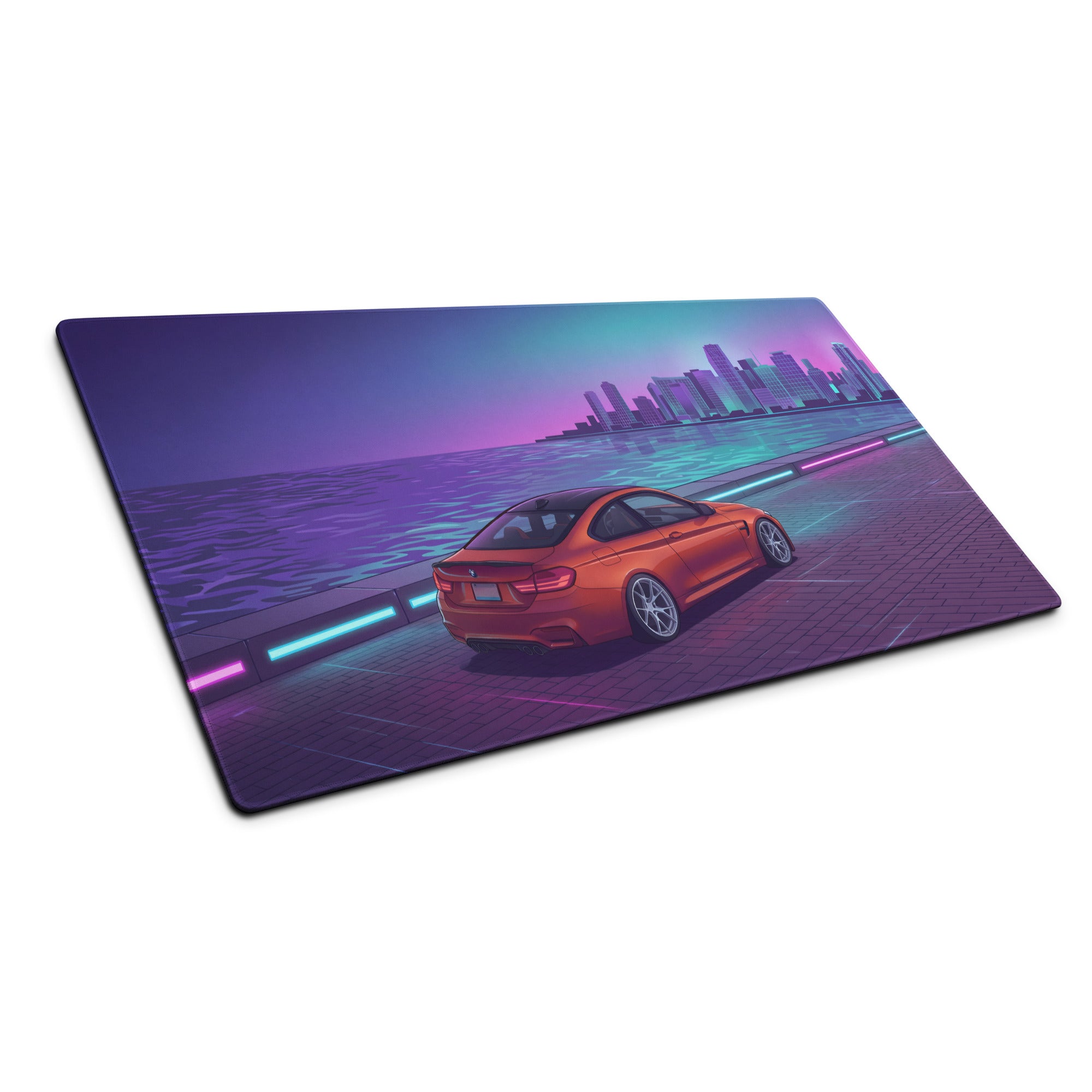 BMW M4 F82 Inspired Orange Purple Vaporwave Gaming Mouse Pad, Neon Sports Coupe Desk Mat with Retro Futuristic Waterfront City Artwork