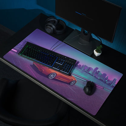 BMW M4 F82 Inspired Orange Purple Vaporwave Gaming Mouse Pad, Neon Sports Coupe Desk Mat with Retro Futuristic Waterfront City Artwork