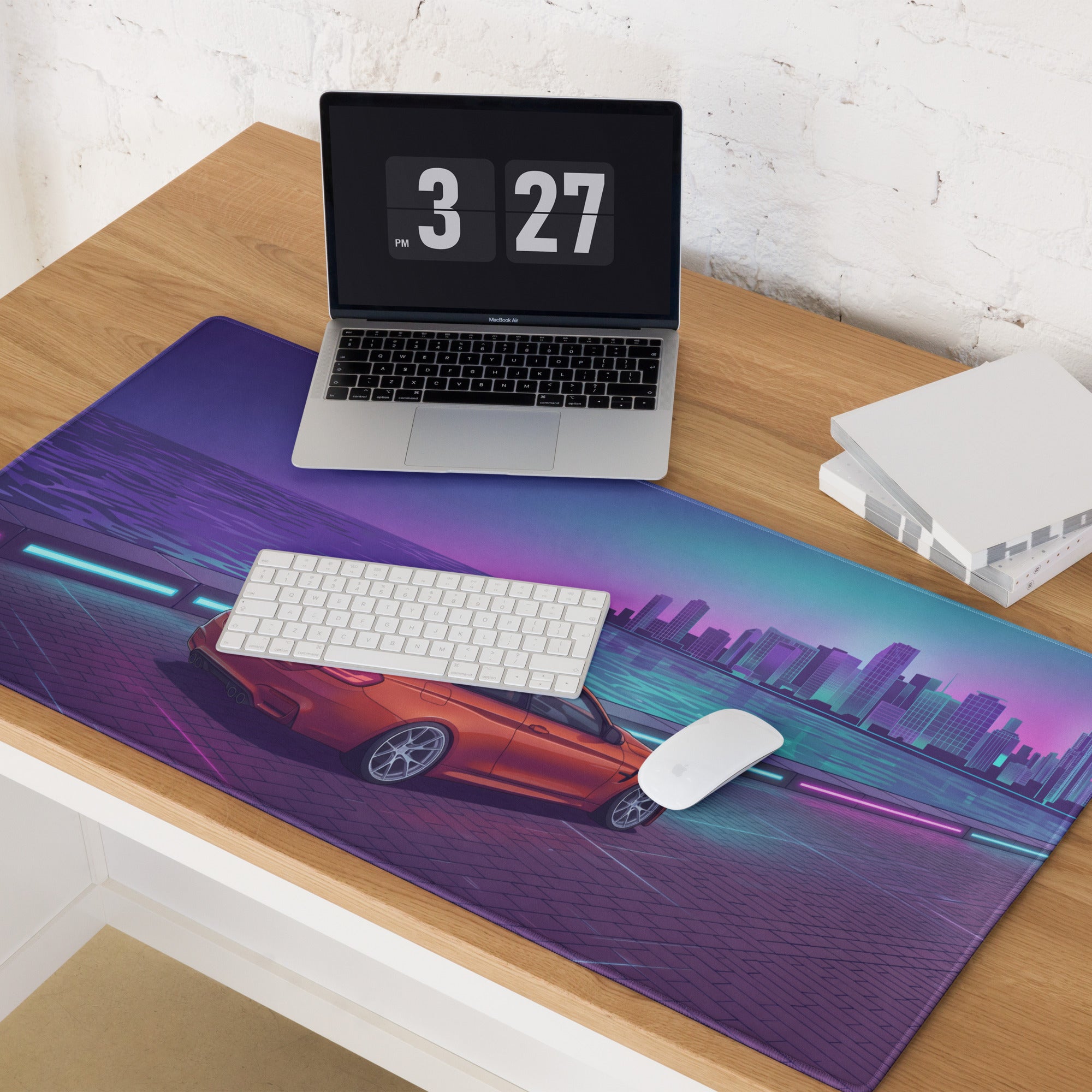 BMW M4 F82 Inspired Orange Purple Vaporwave Gaming Mouse Pad, Neon Sports Coupe Desk Mat with Retro Futuristic Waterfront City Artwork