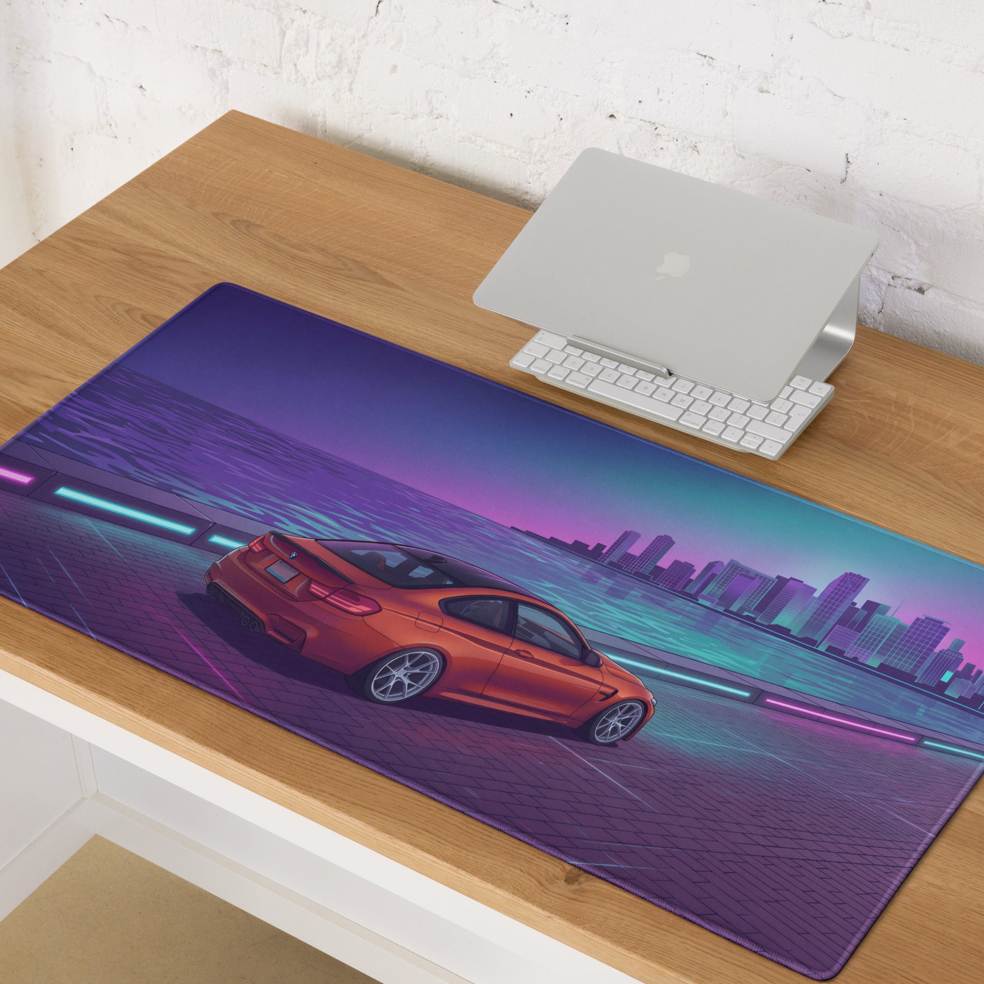 BMW M4 F82 Inspired Orange Purple Vaporwave Gaming Mouse Pad, Neon Sports Coupe Desk Mat with Retro Futuristic Waterfront City Artwork