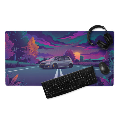 Volkswagen Golf R32 Inspired Silver Purple Vaporwave Gaming Mouse Pad, Retro Hot Hatch Desk Mat with Neon Sunset Road Artwork