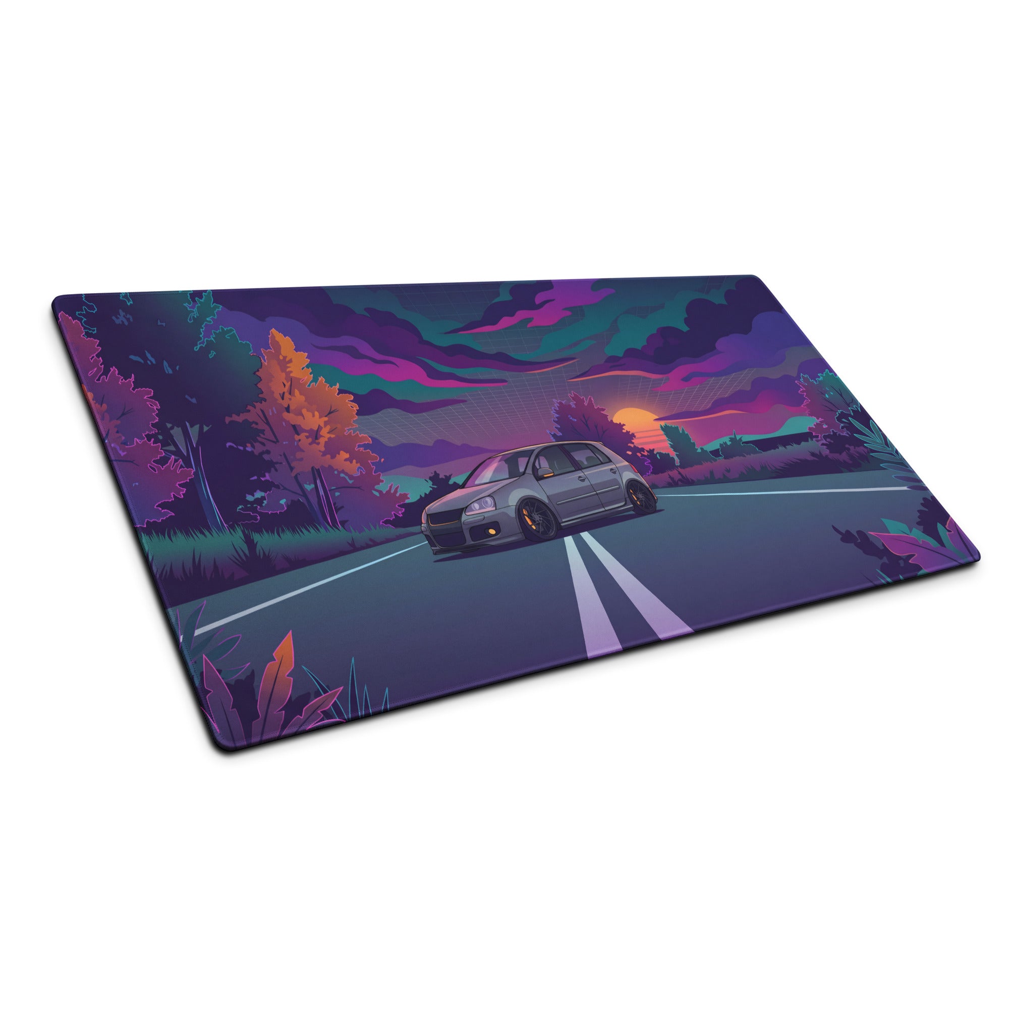 Volkswagen Golf R32 Inspired Silver Purple Vaporwave Gaming Mouse Pad, Retro Hot Hatch Desk Mat with Neon Sunset Road Artwork