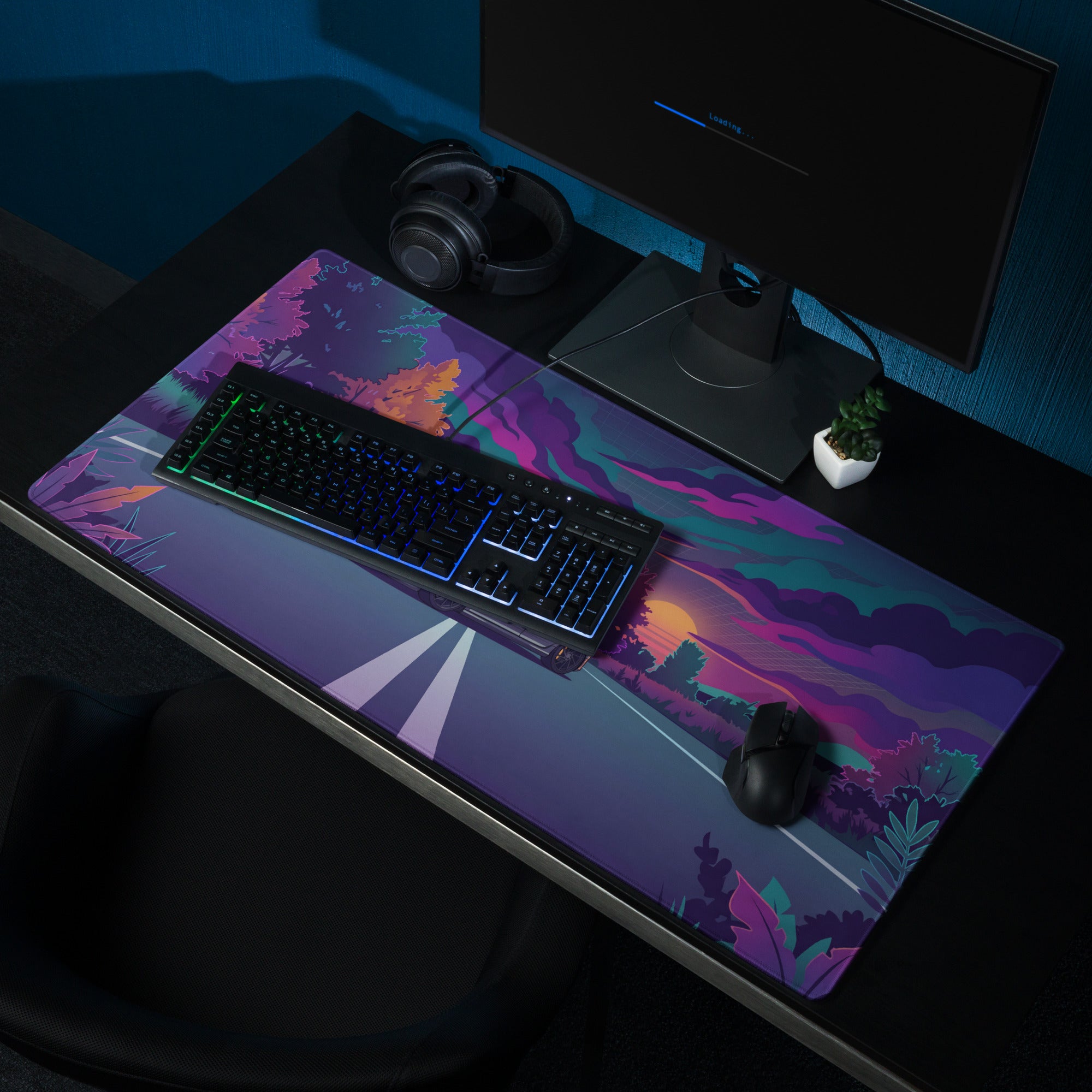 Volkswagen Golf R32 Inspired Silver Purple Vaporwave Gaming Mouse Pad, Retro Hot Hatch Desk Mat with Neon Sunset Road Artwork