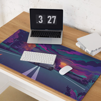 Volkswagen Golf R32 Inspired Silver Purple Vaporwave Gaming Mouse Pad, Retro Hot Hatch Desk Mat with Neon Sunset Road Artwork