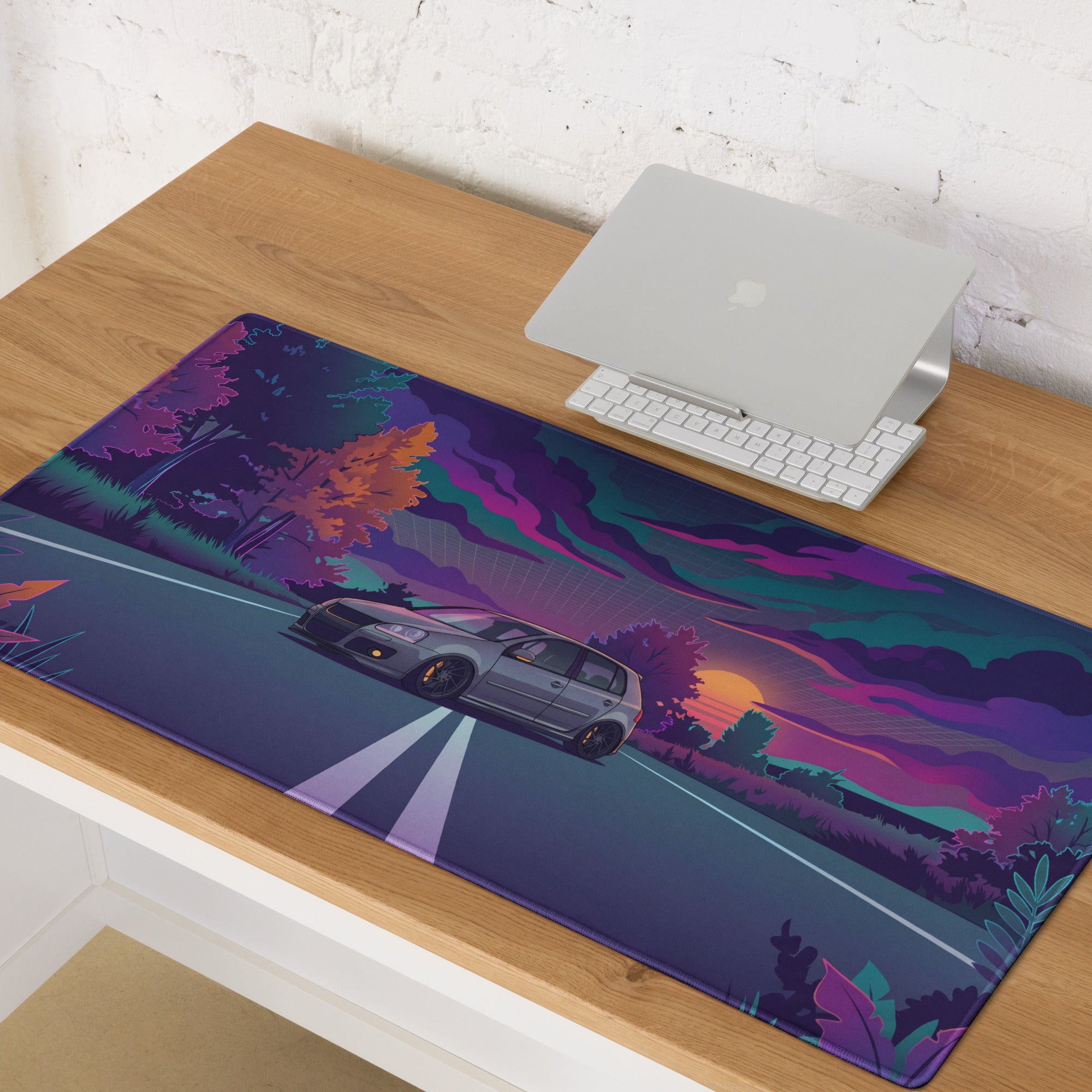 Volkswagen Golf R32 Inspired Silver Purple Vaporwave Gaming Mouse Pad, Retro Hot Hatch Desk Mat with Neon Sunset Road Artwork