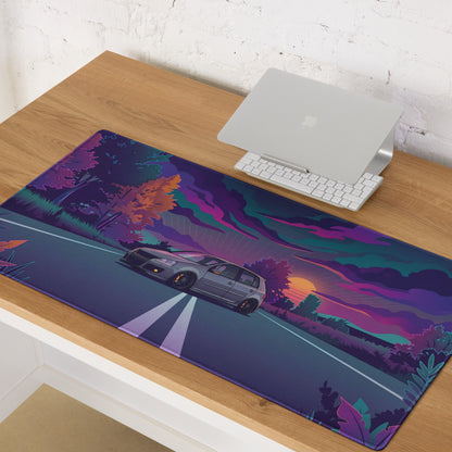 Volkswagen Golf R32 Inspired Silver Purple Vaporwave Gaming Mouse Pad, Retro Hot Hatch Desk Mat with Neon Sunset Road Artwork