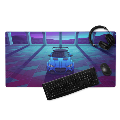 BMW M4 Inspired Blue Purple Vaporwave Gaming Mouse Pad, Neon Race Car Desk Mat with Retro Futuristic Cyberpunk Garage Artwork