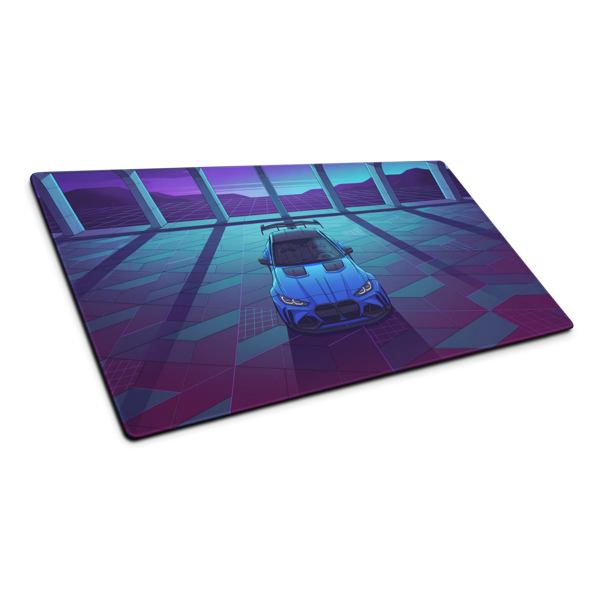 BMW M4 Inspired Blue Purple Vaporwave Gaming Mouse Pad, Neon Race Car Desk Mat with Retro Futuristic Cyberpunk Garage Artwork