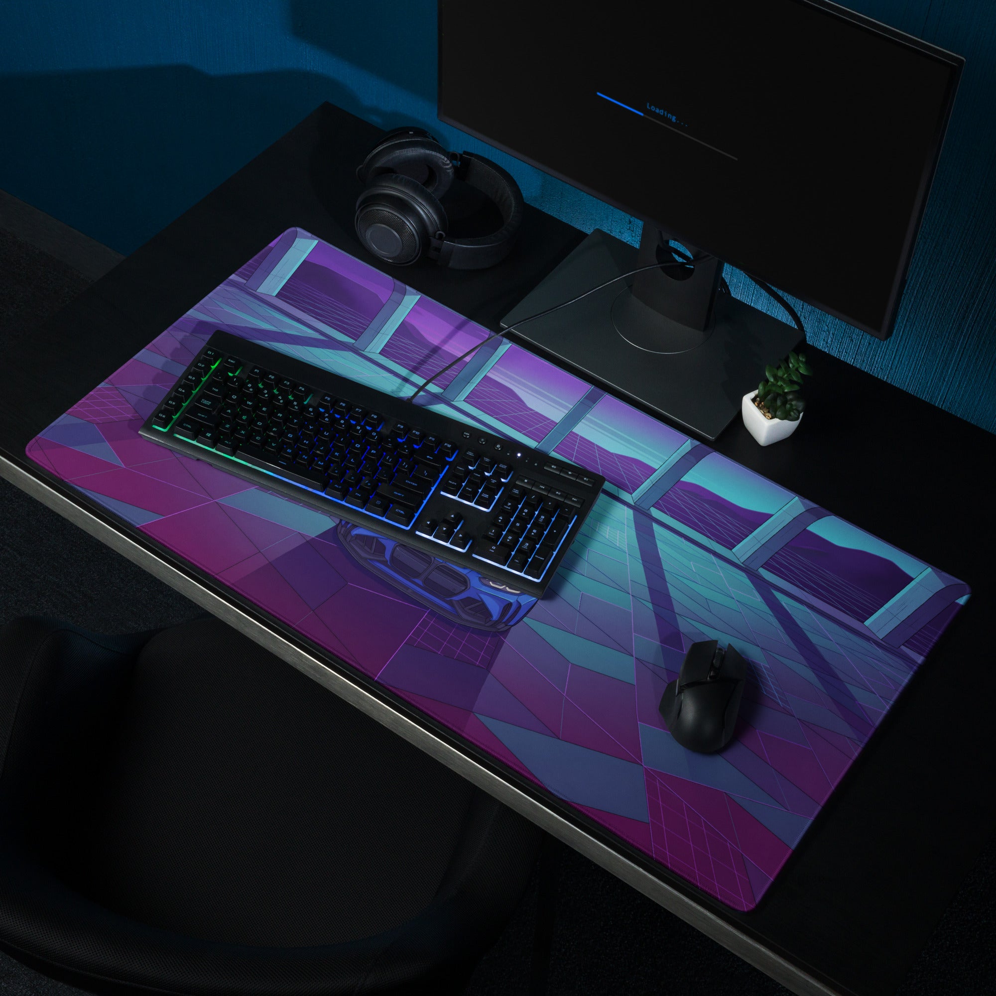 BMW M4 Inspired Blue Purple Vaporwave Gaming Mouse Pad, Neon Race Car Desk Mat with Retro Futuristic Cyberpunk Garage Artwork