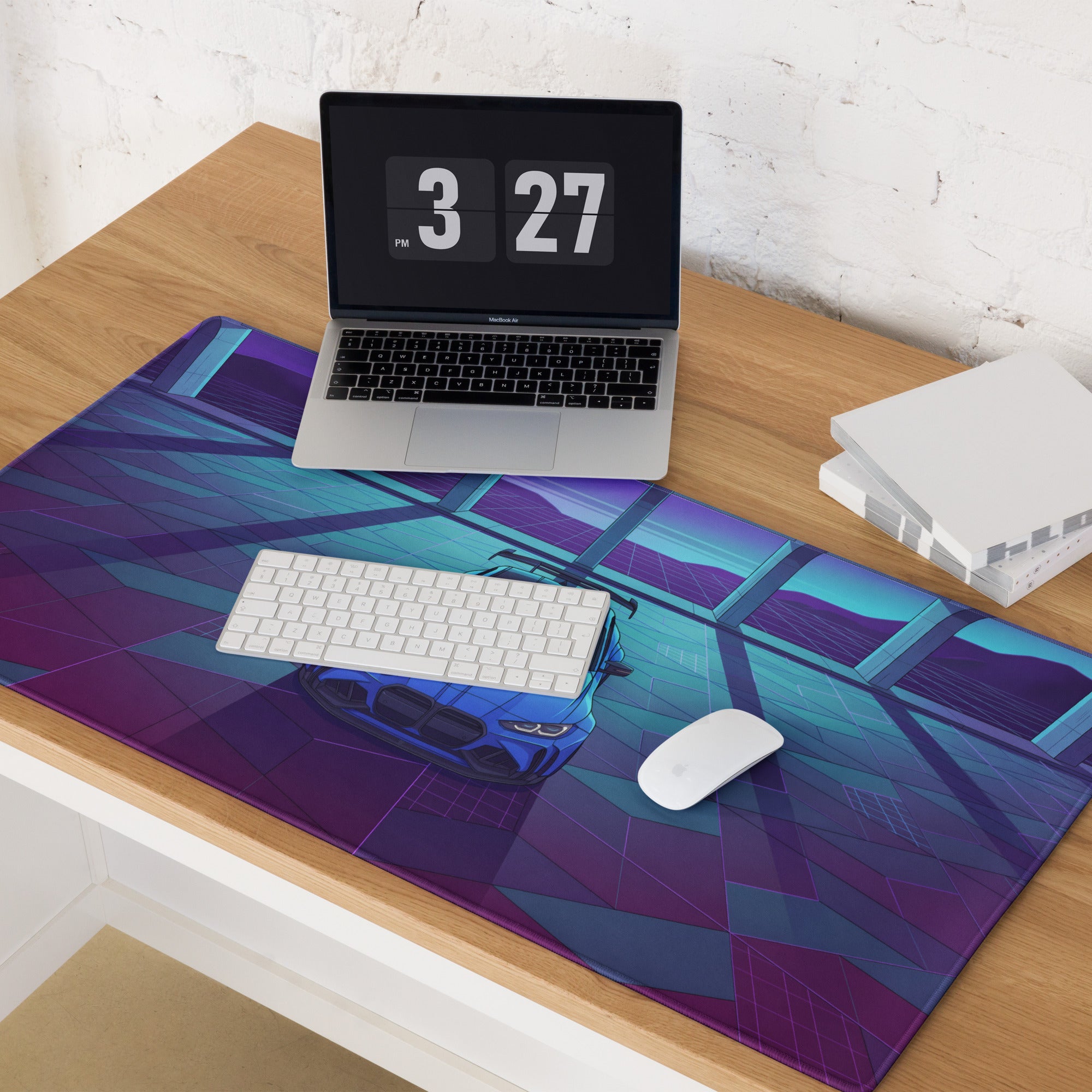 BMW M4 Inspired Blue Purple Vaporwave Gaming Mouse Pad, Neon Race Car Desk Mat with Retro Futuristic Cyberpunk Garage Artwork