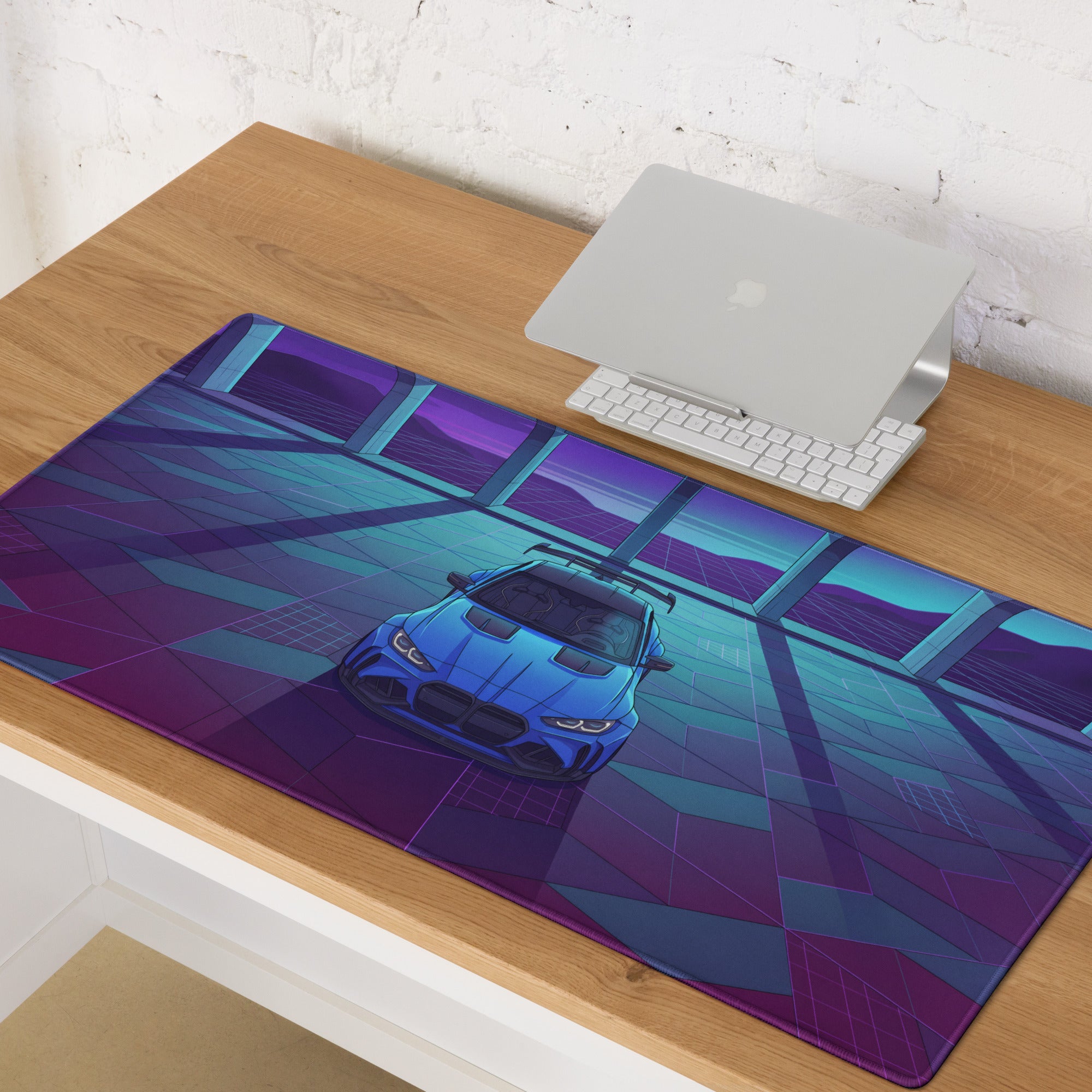 BMW M4 Inspired Blue Purple Vaporwave Gaming Mouse Pad, Neon Race Car Desk Mat with Retro Futuristic Cyberpunk Garage Artwork