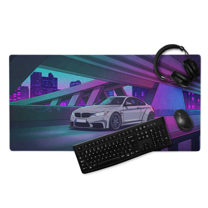 BMW M4 F82 Inspired White Purple Vaporwave Gaming Mouse Pad, Neon Sports Coupe Desk Mat with Futuristic Cyberpunk Overpass Artwork