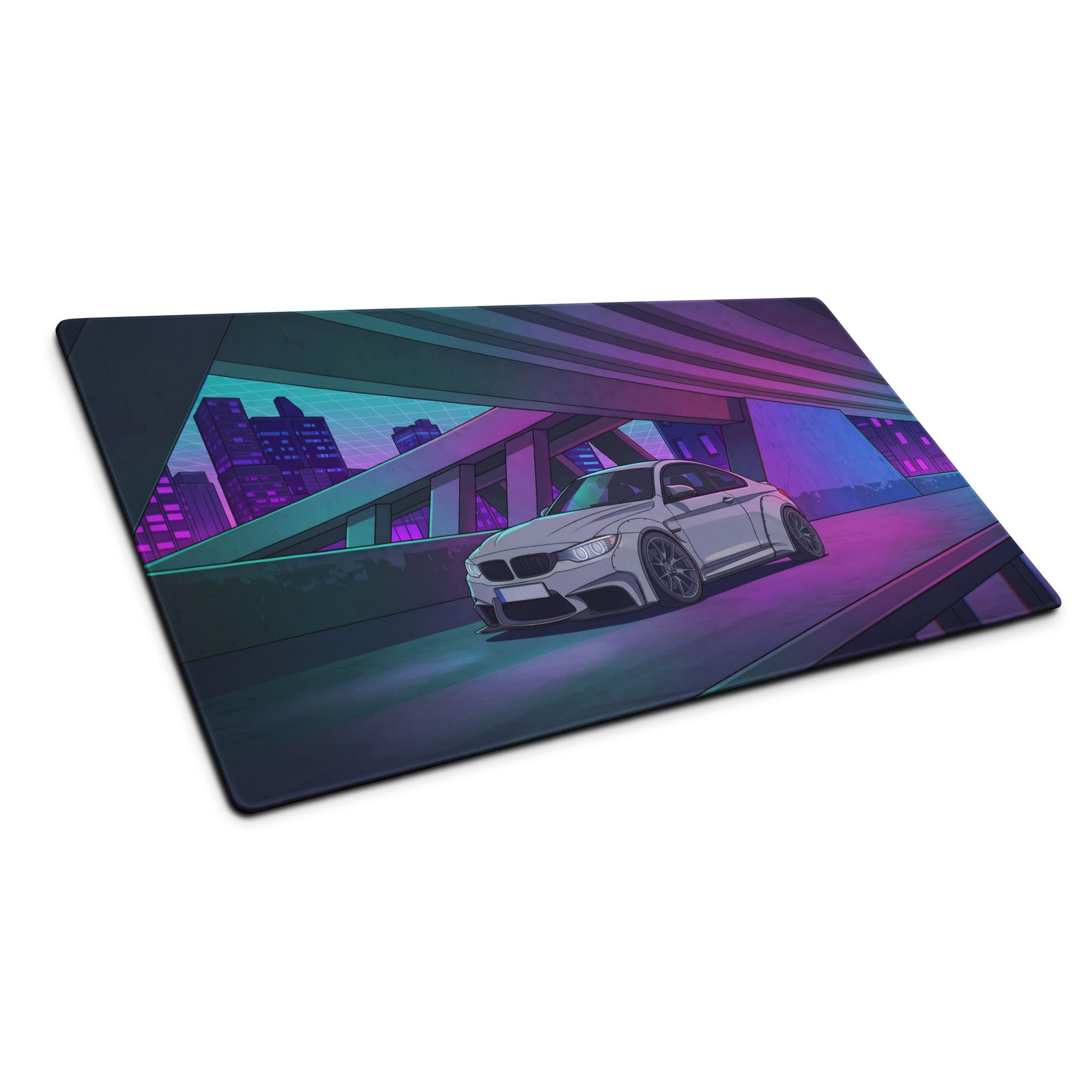 BMW M4 F82 Inspired White Purple Vaporwave Gaming Mouse Pad, Neon Sports Coupe Desk Mat with Futuristic Cyberpunk Overpass Artwork