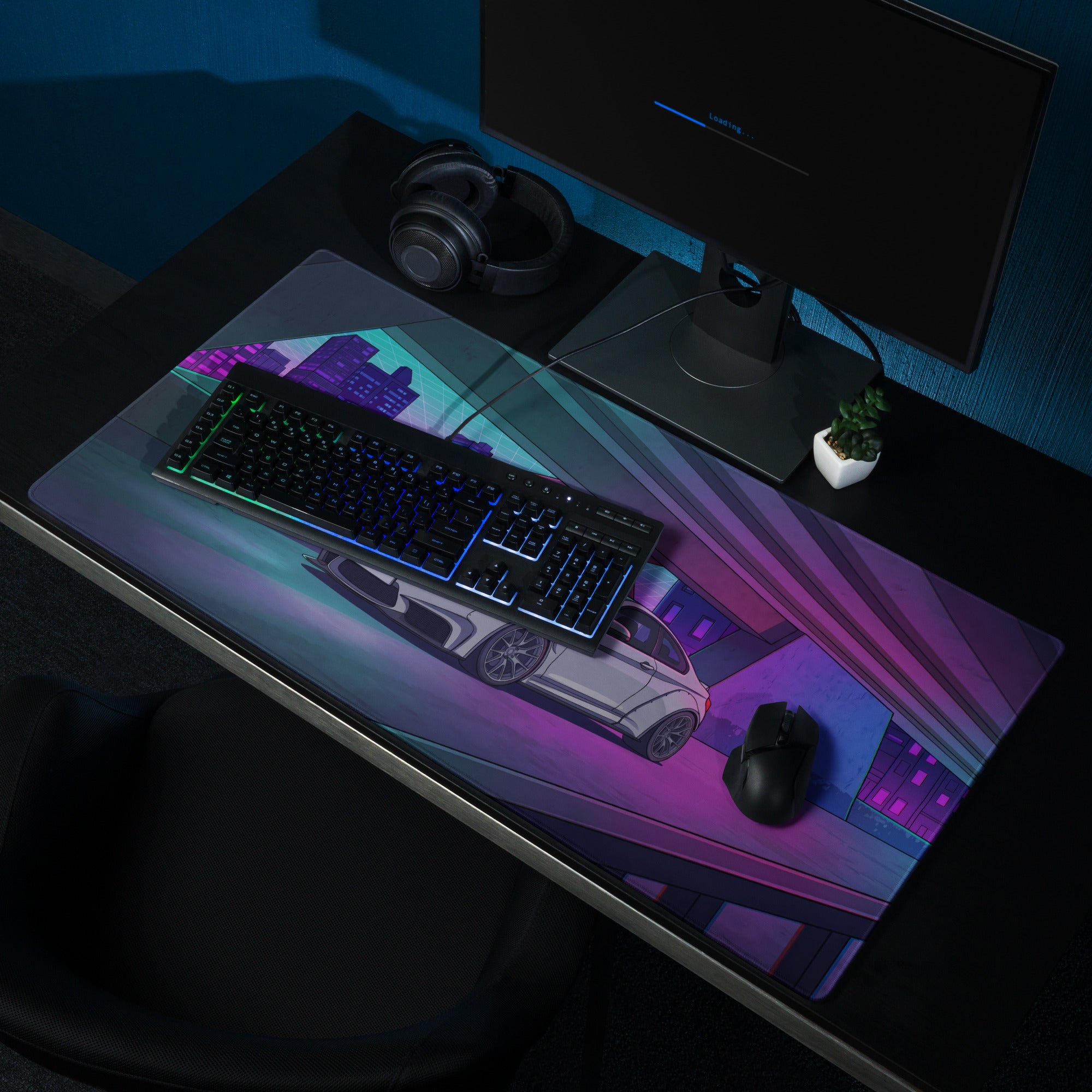 BMW M4 F82 Inspired White Purple Vaporwave Gaming Mouse Pad, Neon Sports Coupe Desk Mat with Futuristic Cyberpunk Overpass Artwork
