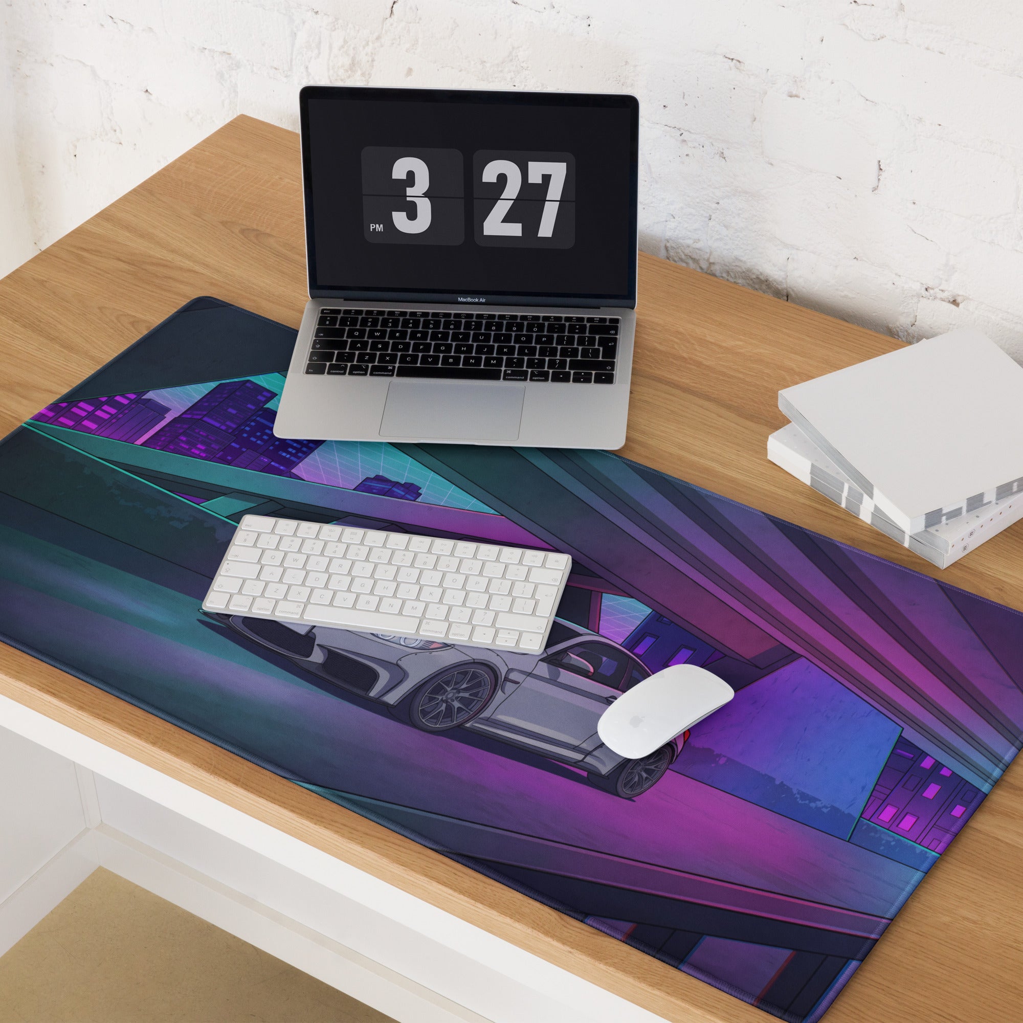 BMW M4 F82 Inspired White Purple Vaporwave Gaming Mouse Pad, Neon Sports Coupe Desk Mat with Futuristic Cyberpunk Overpass Artwork