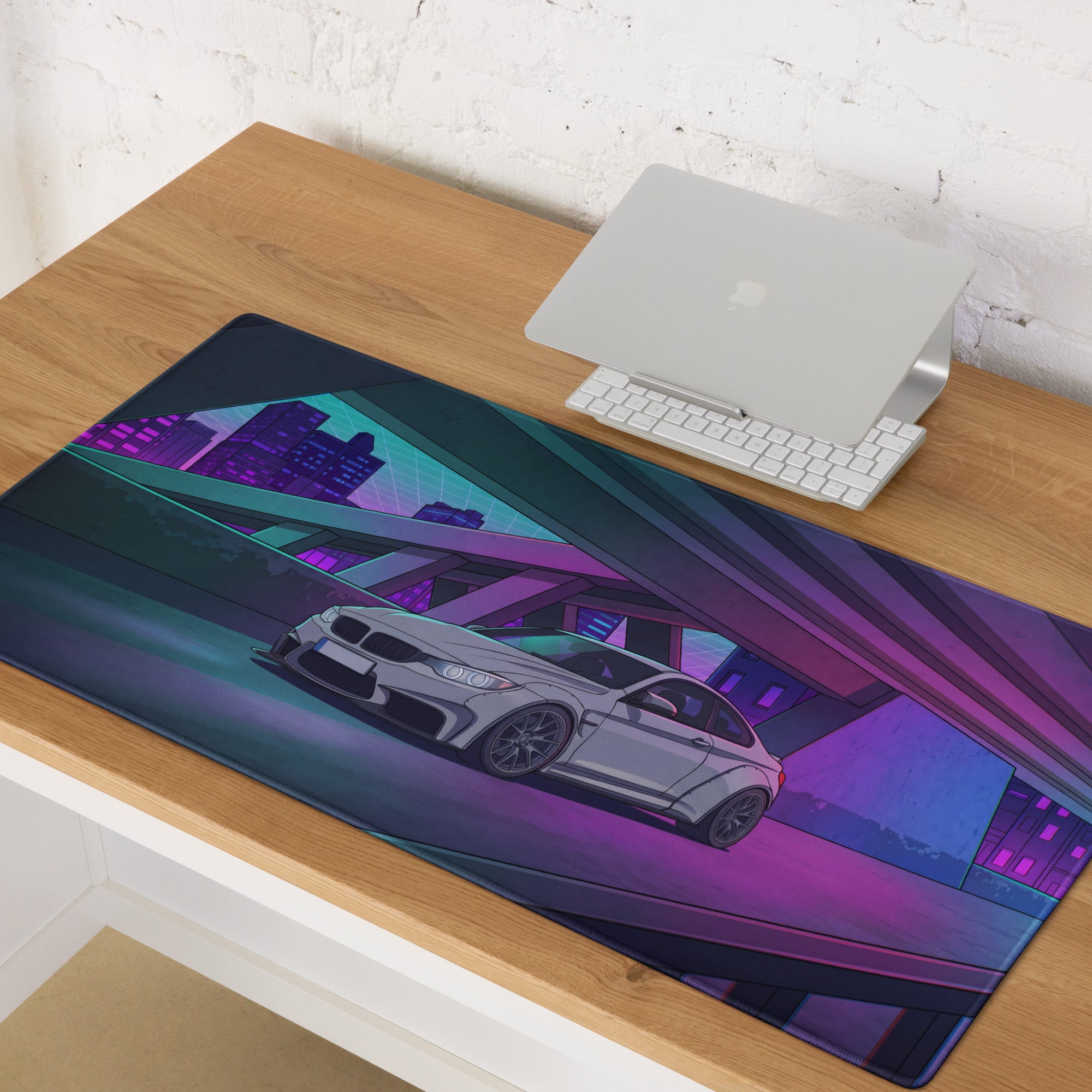 BMW M4 F82 Inspired White Purple Vaporwave Gaming Mouse Pad, Neon Sports Coupe Desk Mat with Futuristic Cyberpunk Overpass Artwork