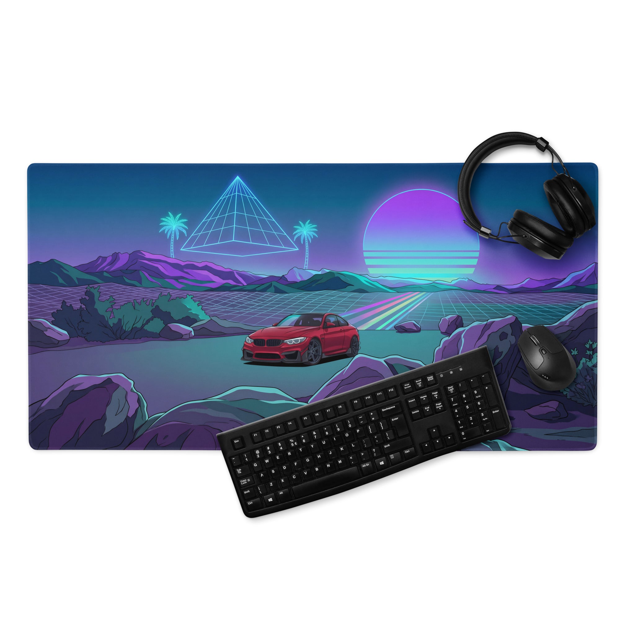 BMW M4 F82 Inspired Red Purple Vaporwave Gaming Mouse Pad, Neon Sports Coupe Desk Mat with Retro Futuristic Mountain Sunset Artwork